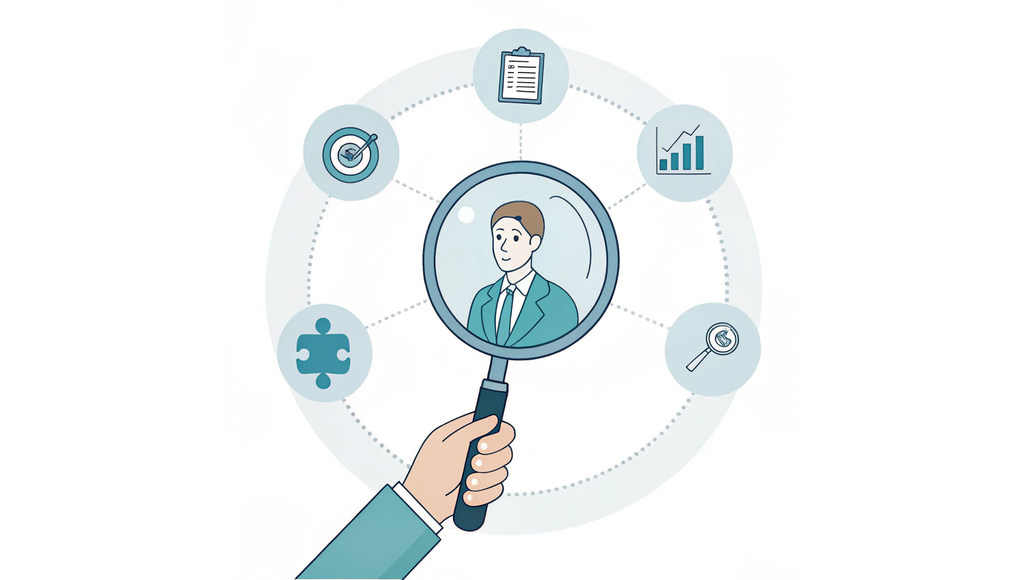 Alt text: A stylized hand holding a magnifying glass examining an M&A advisor figure, surrounded by four key evaluation criteria icons: industry specialization, valuation methodology, fee structure, and red flags. This illustration represents SovDoc's guidance on selecting qualified healthcare M&A advisors for successful mergers and acquisitions.