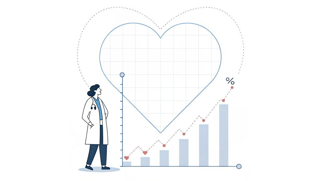 Alt text: A modern 2D vector illustration showing a blueprint-style heart diagram with grid lines and tick marks, surrounded by healthcare valuation elements including a medical professional with a tablet, an ascending bar chart, gold coins, a gear icon, and a circular gauge. Visual representation of cardiology practice valuation methods for SovDoc healthcare M&A services.