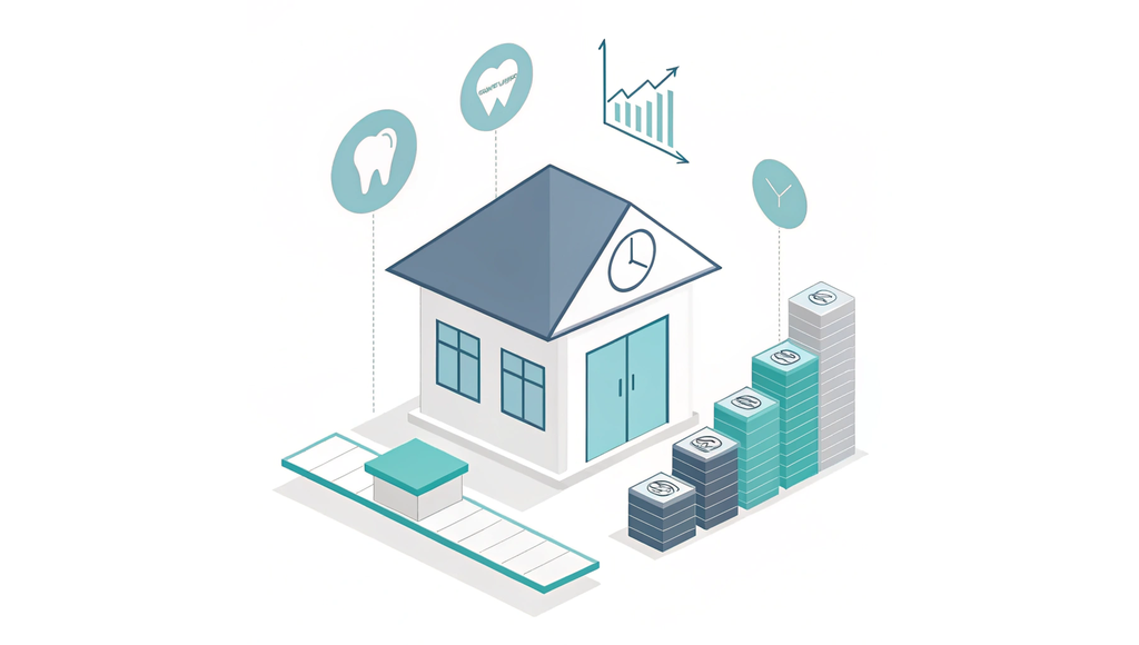 Alt text: A minimalist vector illustration showing a dental clinic connected to financial metrics (value drivers, valuation multiples, and net proceeds) with a seesaw balancing bar charts and coin stacks beneath it. A glowing pie chart segment floats above. Represents SovDocs' expertise in dental practice valuation and healthcare M&A.