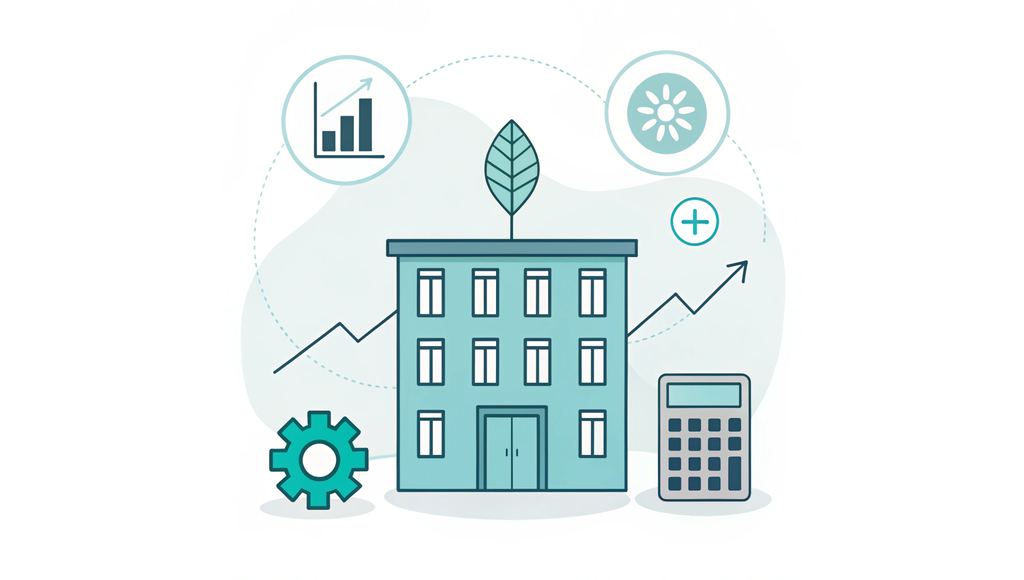Alt text: A minimalist vector illustration for SovDerm showing a dermatology clinic with four surrounding icons representing financial analysis elements - a bar chart, calculator, gear, and magnifying glass with dollar sign - visualizing key valuation concepts for dermatology practice acquisitions and EBITDA multiples in healthcare M&A.