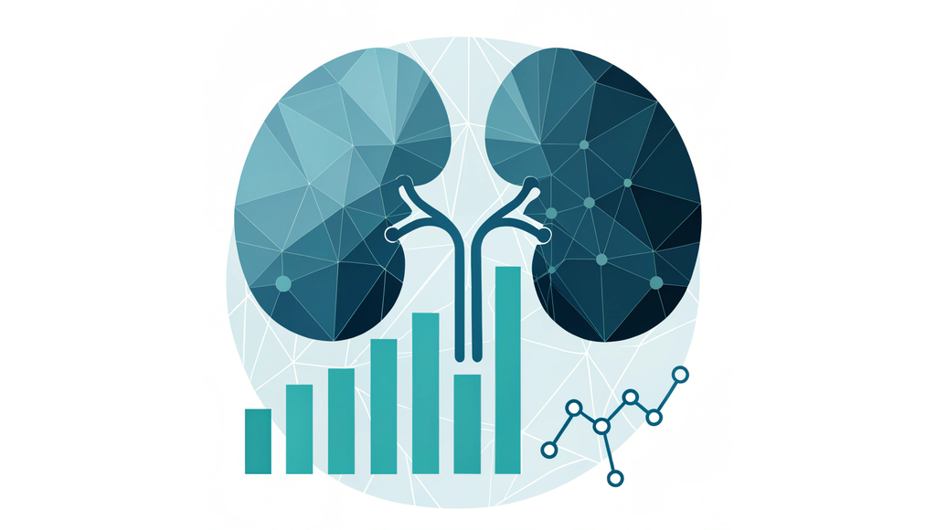 Alt text: Abstract illustration showing stylized kidneys containing a rising blue bar chart with a teal trend line overlay, alongside beige coin stacks and a simplified clinic icon, representing SovDoc's expertise in Dialysis & Nephrology practice valuation and healthcare M&A services.