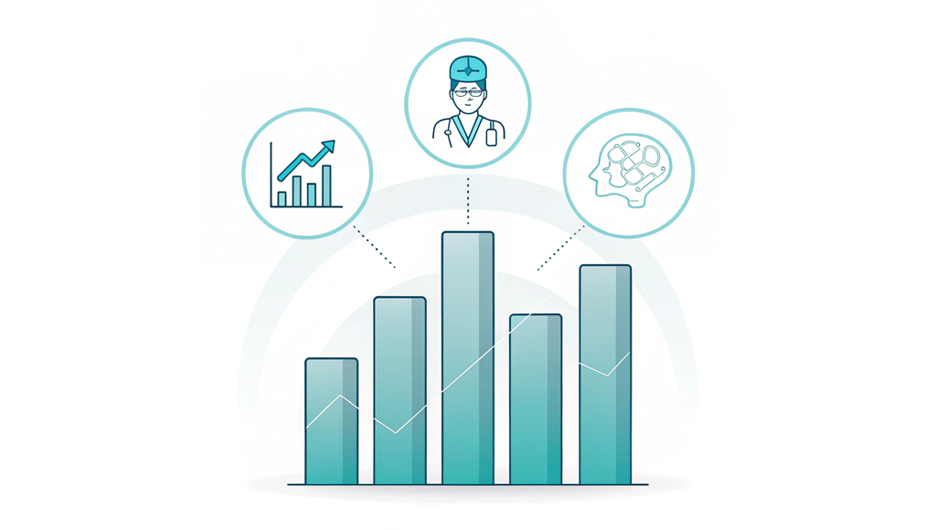 Alt text: A minimalist vector graphic for SovDoc healthcare M&A, illustrating ENT medical practice valuation metrics. Three ascending bars resembling ear, nose, and throat anatomy connect to icons representing surgical capabilities, operational efficiency, and ancillary services, with a subtle medical facility outline in the background.