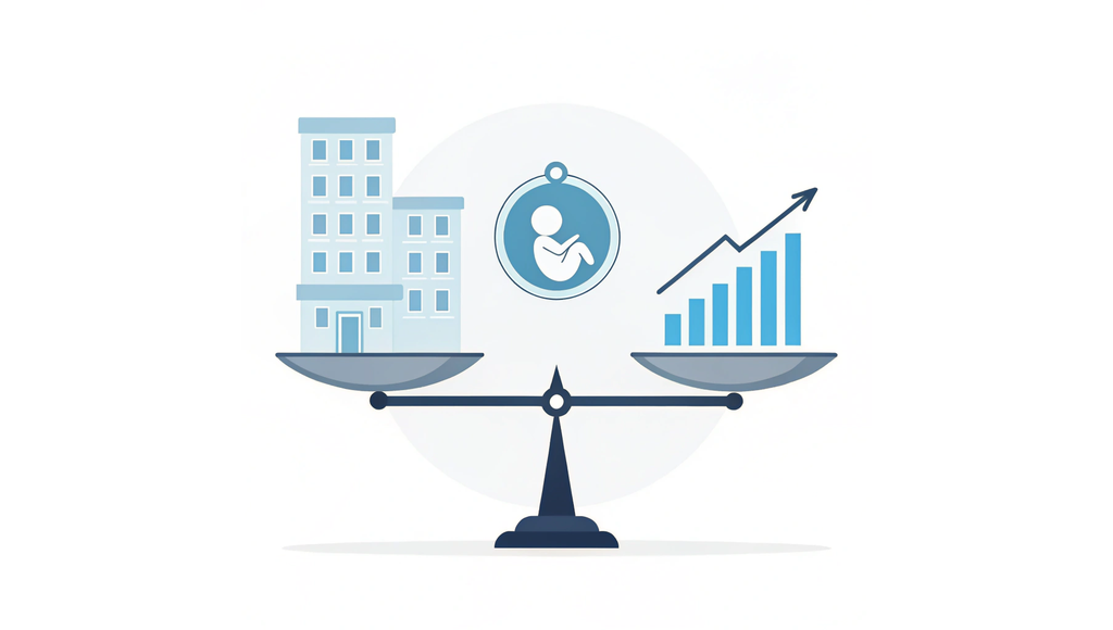 Alt text: A balanced scale comparing a fertility & IVF clinic (represented by a minimalist building with embryo icon) with financial performance (shown as a rising blue chart). Small icons around the scale represent key value drivers in healthcare practice valuation. SovDoc illustration about fertility practice valuation considerations in healthcare M&A.
