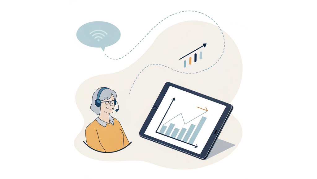 Alt text: Vector illustration for SovDoc showing geriatric telehealth valuation concepts for behavioral health practices. A stylized tablet connects an older adult figure to healthcare services via a headset icon, while puzzle pieces (some connected, one separate) represent the complex valuation factors in healthcare M&A. Background elements subtly reference medical facilities and financial growth metrics.
