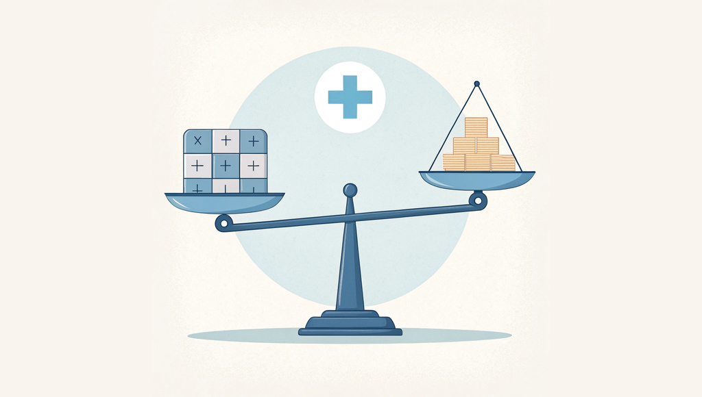 Alt text: Illustration showing a balance scale comparing a hospice facility (left) with growing coins (right), tilted toward financial value, with business icons floating above. Represents hospice care practice valuation concepts for SovDoc, specialists in healthcare mergers and acquisitions.