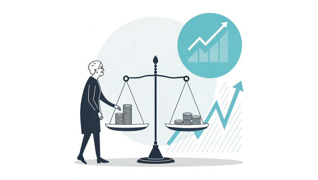 Alt text: A minimalist vector illustration showing a balanced scale with an elderly person silhouette supported by a hand on one side and financial elements (coins and holographic graph) on the other, set against a teal circle background. Represents SovDoc's expertise in hospice and geriatric medical practice valuation for healthcare mergers and acquisitions.