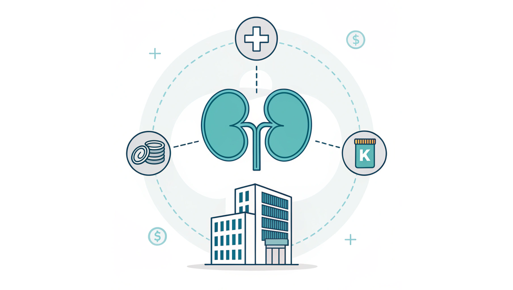Alt text: A minimalist illustration for SovDoc showing a central stylized kidney connected to four nodes representing financial aspects of nephrology practice valuation: coins (top-left), dialysis clinic (top-right), performance charts (bottom-left), and risk assessment (bottom-right). The clean design uses muted blues and teals on white background.