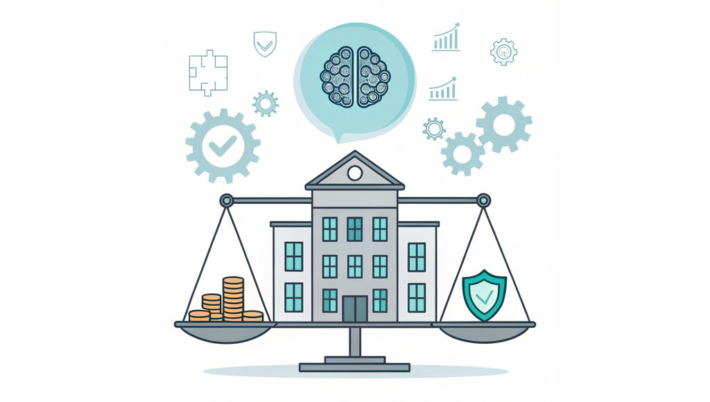 Alt text: A minimalist vector illustration showing a medical building with a glowing blue neuron symbol above it, balancing the financial aspects (coins and growth chart) with operational elements (gears and protection shield) on an even scale. Represents SovDoc's expertise in Neurology practice valuation and healthcare M&A.