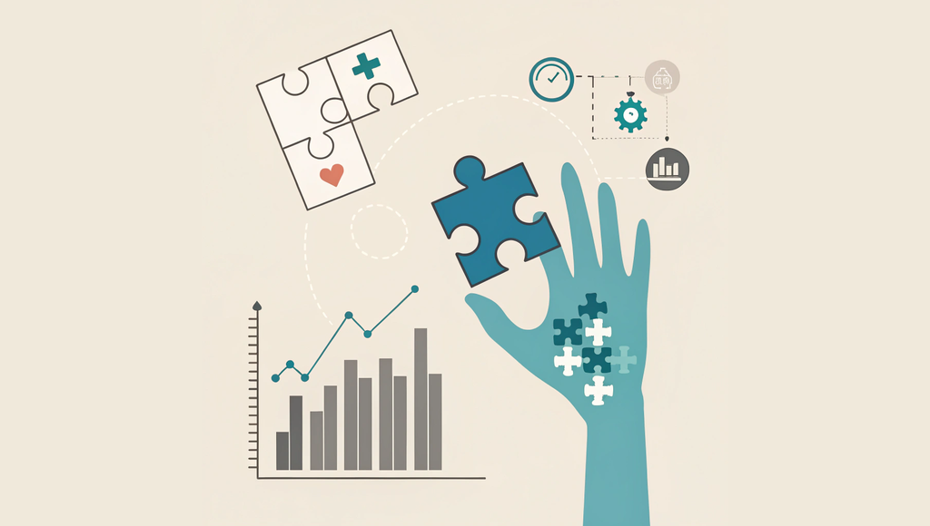 Alt text: A minimalist vector illustration showing the stages of occupational and hand therapy practice valuation. A clinic icon connects to a puzzle-piece hand, which links to a rising bar chart, demonstrating how SovDoc helps healthcare practices understand and optimize their M&A potential in the specialized therapy market.