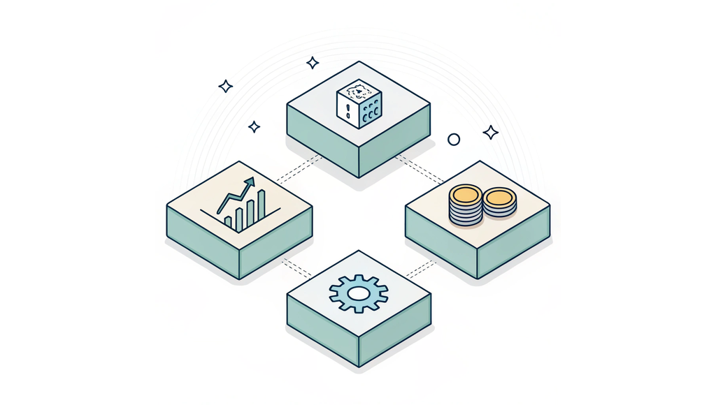 Alt text: A minimalist 2D illustration showing a physician in a lab coat gesturing towards four connected blocks with icons representing financial metrics (chart, gear, coins, and scale) - visualizing key factors in pain management practice valuation. Created for SovDoc healthcare M&A services.