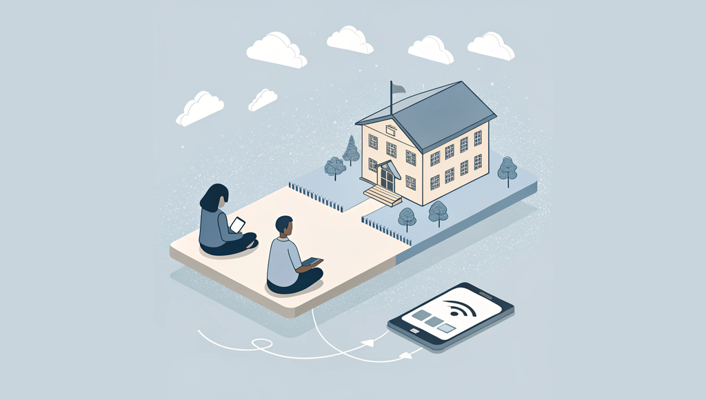 Alt text: Minimalist vector illustration showing a healthcare telehealth platform with school and community buildings alongside a smartphone displaying a video call icon, supported by three teal icons representing financial health, technology defensibility, and market positioning. Visual representation of SovDoc's valuation approach for School & Community-Based ABA medical practices in healthcare M&A.