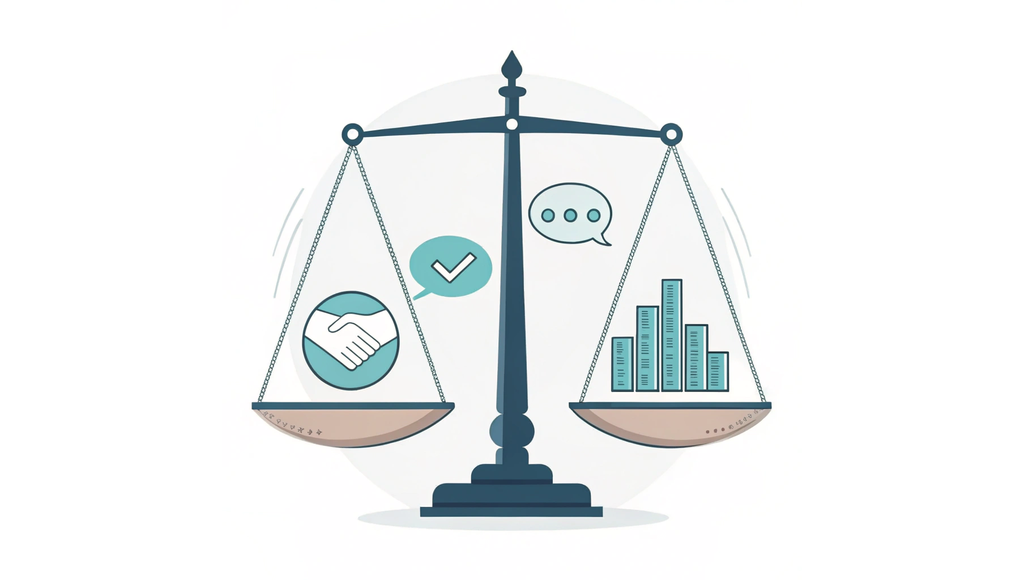 Alt text: A minimalist vector illustration of a balance scale comparing therapy services and financial metrics, representing SovDoc's approach to valuing Speech & Occupational Therapy practices in healthcare M&A transactions.
