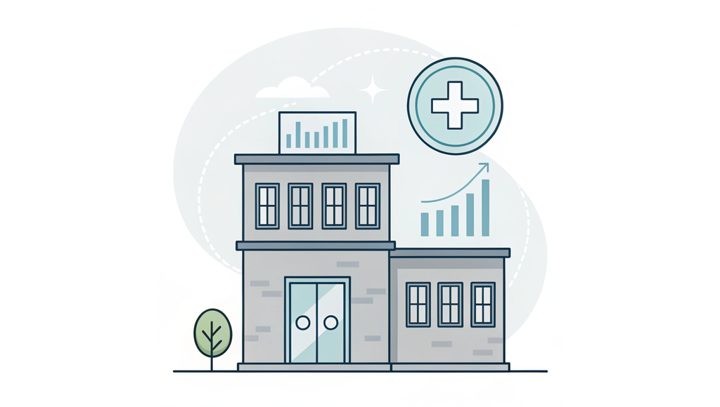 Alt text: A minimalist 2D vector illustration showing a medical building with holographic data visualization elements including a teal bar chart and upward trending graph, surrounded by finance and healthcare symbols. Created for SovDoc's article on urgent care practice valuation in healthcare mergers and acquisitions.