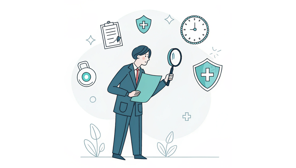 Alt text: A minimalist vector illustration for SovDoc healthcare M&A firm showing a legal counsel figure examining documents with a magnifying glass while holding a shield, standing between medical and business representatives. Simplified icons represent due diligence, regulatory compliance, and deal negotiation—key aspects of legal counsel's role in healthcare mergers and acquisitions.