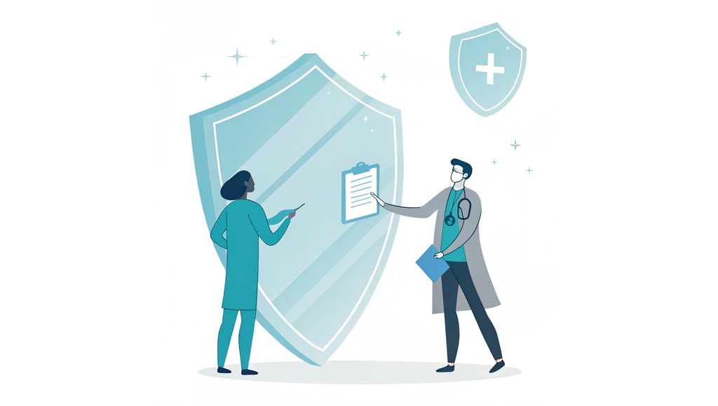 Alt text: A minimalist 2D illustration for SovDoc showing a physician protected by a glowing blue shield from corporate interests, symbolizing the importance of maintaining clinical autonomy after healthcare practice acquisitions and mergers.