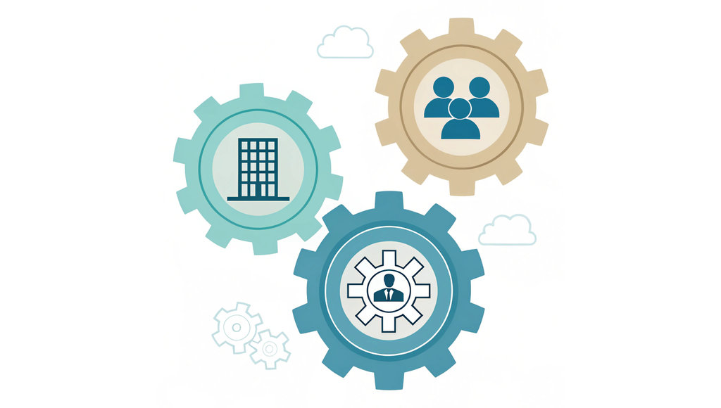 Alt text: Three interconnected gears illustrating the operational integration process after a medical practice sale. The teal gear shows a clinic building, the beige gear displays healthcare staff figures, and the blue gear contains a tablet with network connectivity - representing how SovDoc helps practices harmonize facilities, personnel, and technology during ownership transitions.