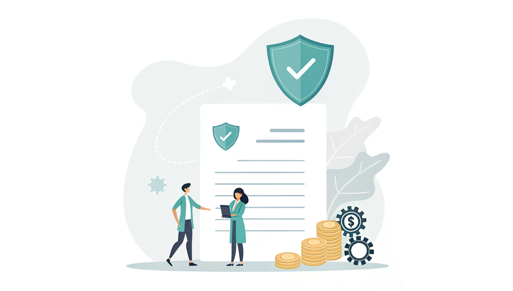 Alt text: A stylized, vector illustration showing two business figures negotiating a Professional Services Agreement (PSA), represented by a contract document with healthcare, financial, and operational icons. A protective shield surrounds the contract, symbolizing the security that well-structured PSAs provide in healthcare transactions. Image from SovDoc, specialists in healthcare M&A advisory services.
