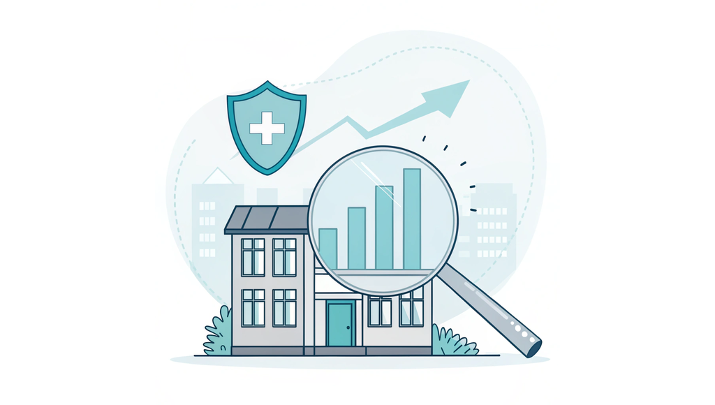 Alt text: A minimalist 2D vector illustration of a medical clinic building with a magnifying glass highlighting an upward-trending graph in teal, representing SovDoc's Quality of Earnings (QoE) Analysis services for healthcare mergers and acquisitions, focusing on adjusted EBITDA and valuation protection.