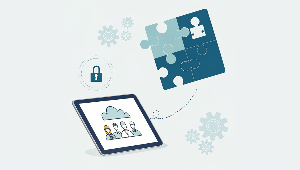 Alt text: A minimalist vector illustration showing a tablet representing an EMR system surrounded by four floating puzzle pieces (cloud, padlock, coin, and human figures) with connecting lines, visualizing healthcare technology integration challenges faced by healthcare organizations. Image courtesy of SovDoc, healthcare M&A advisors.